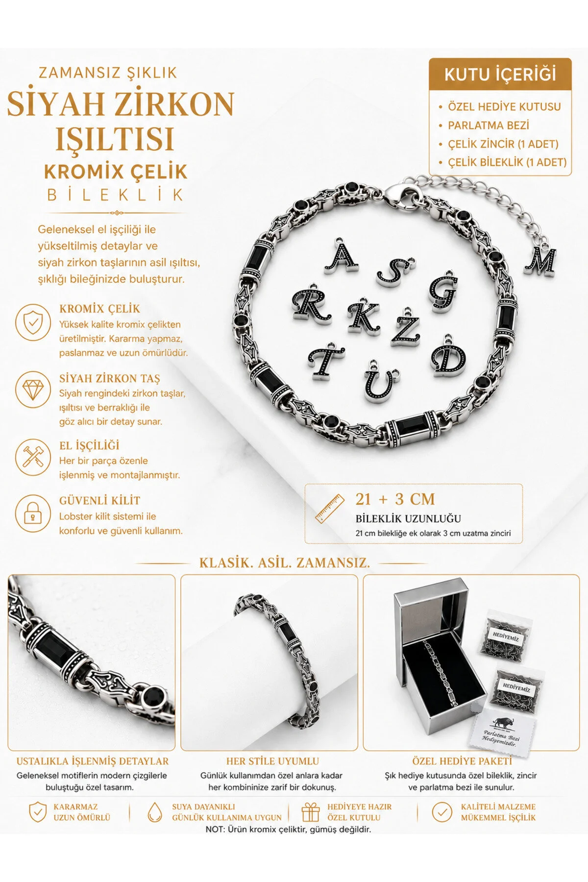 Rodyum Gümüş Kaplama B-102 Kromix Çelik Erkek Bilelik 3+1 Gravürlü Otantik Siyah Zirkon Taşlı Harfli 5 mm Kalınlık