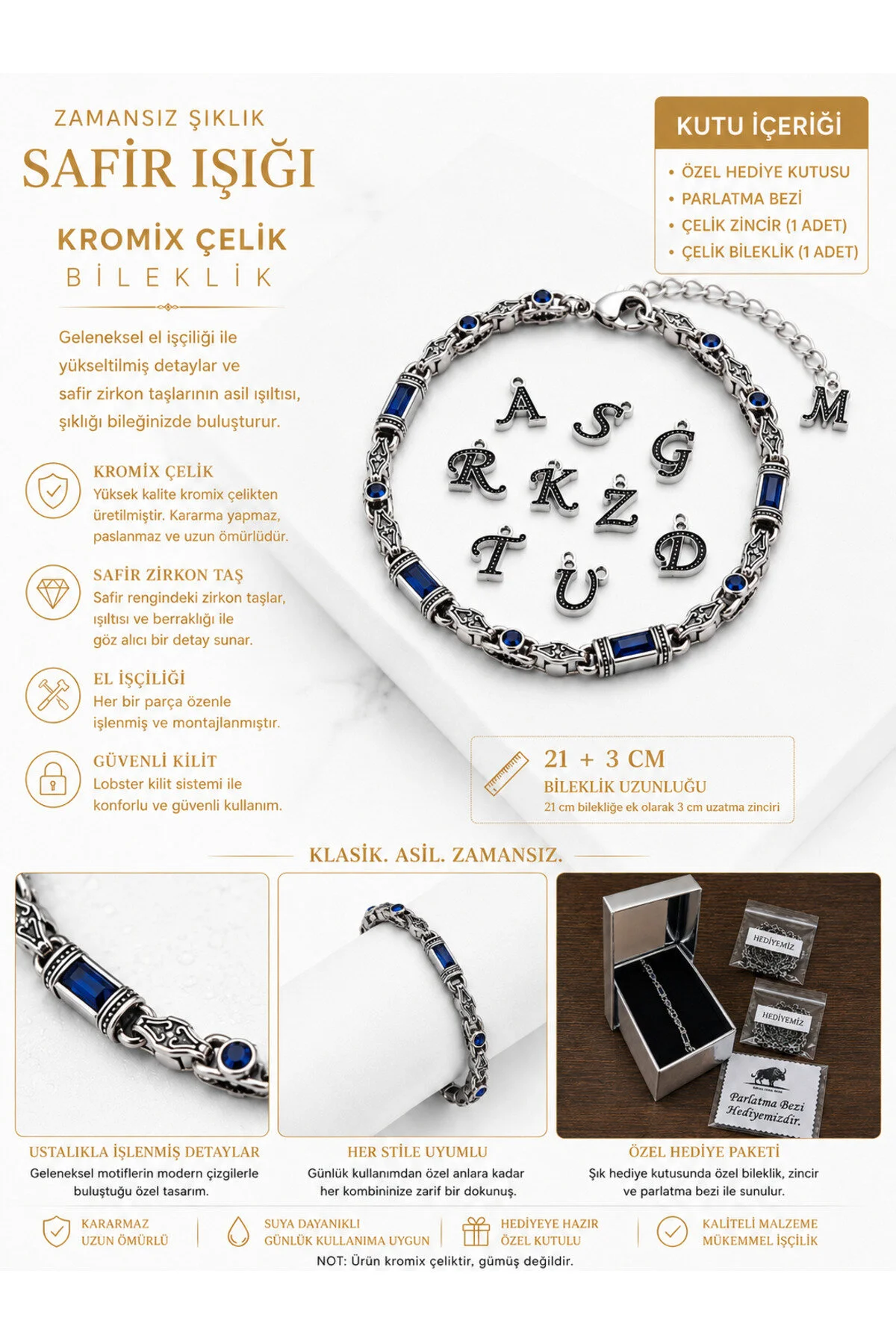 Rodyum Gümüş Kaplama B-101 Kromix Çelik Erkek Bilelik 3+1 Gravürlü Otantik Safir Rengi Zirkon Taşlı Harfli 5 mm Kalınlık