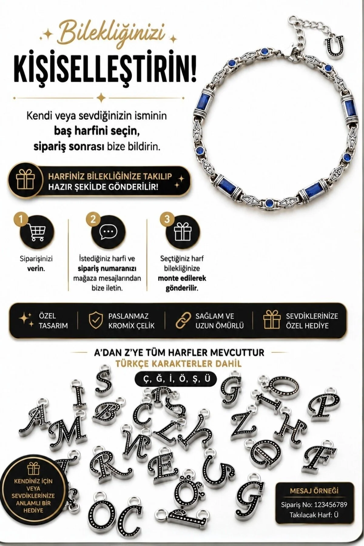 Rodyum Gümüş Kaplama B-101 Kromix Çelik Erkek Bilelik 3+1 Gravürlü Otantik Safir Rengi Zirkon Taşlı Harfli 5 mm Kalınlık