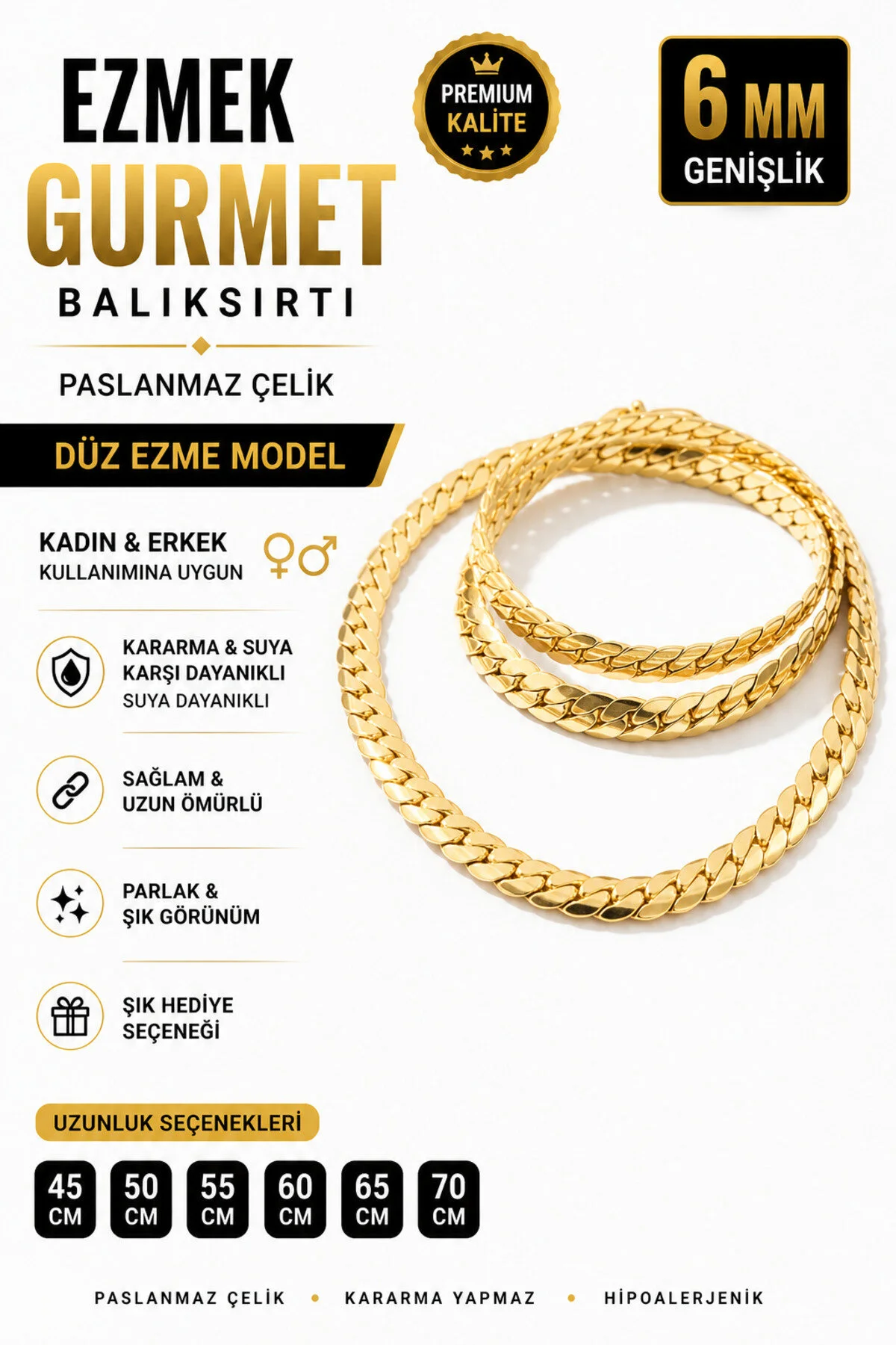 Gümüş Kaplama 316 L Paslanmaz Çelik KZ-103 Ezme Balıksırtı Gurmet Sık Örme İtalyan Model Zincir Kolye 6 MM Gold
