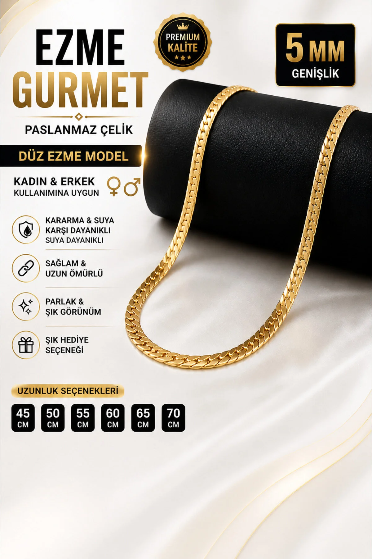 Gümüş Kaplama 316 L Paslanmaz Çelik KZ-101 Ezme Gurmet Sık Örme İtalyan Model Zincir Kolye 5 MM Gold