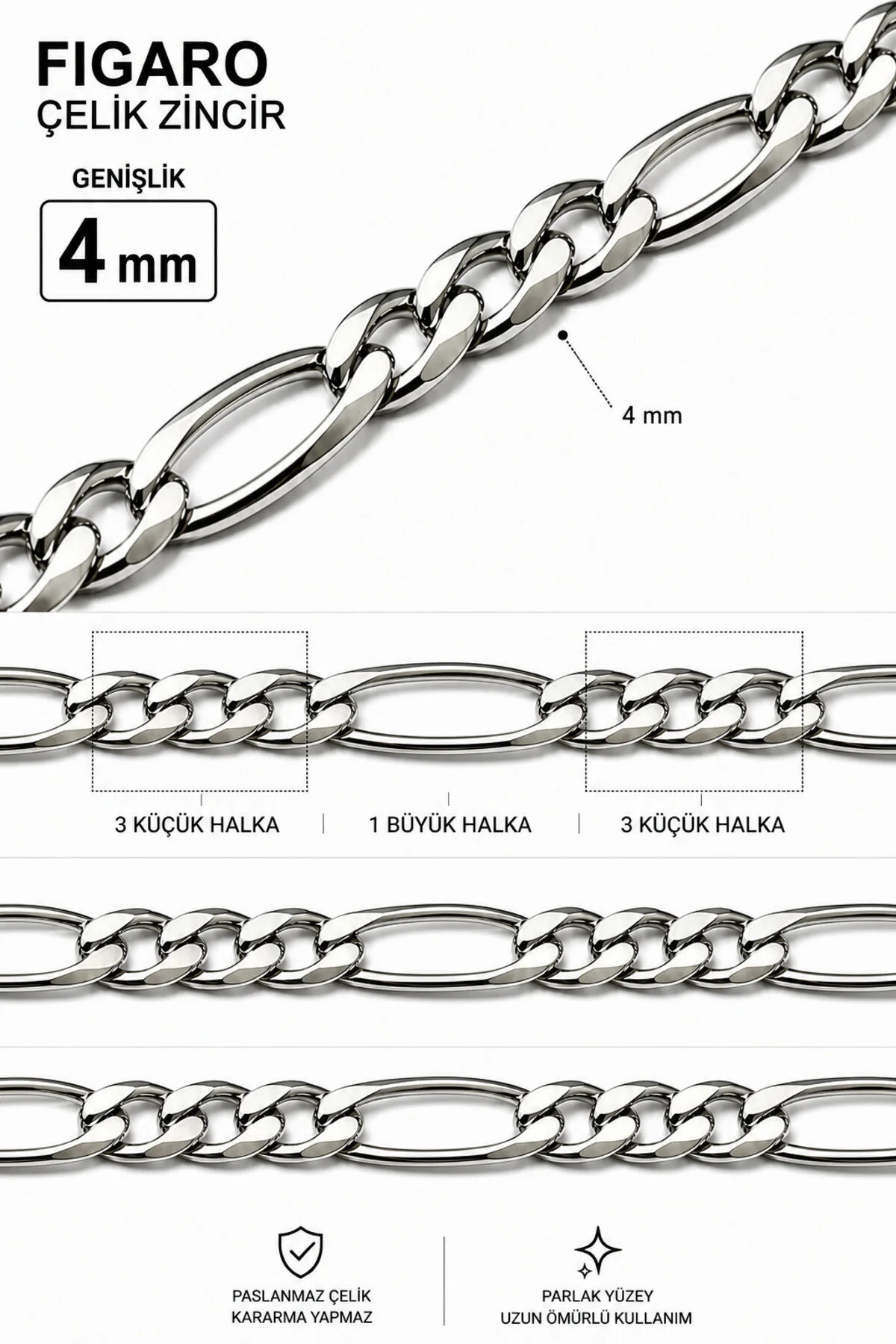 Gümüş Kaplama 316 L Paslanmaz Çelik KZ-105 Figaro 3+1 Zincir Kolye 4 mm.