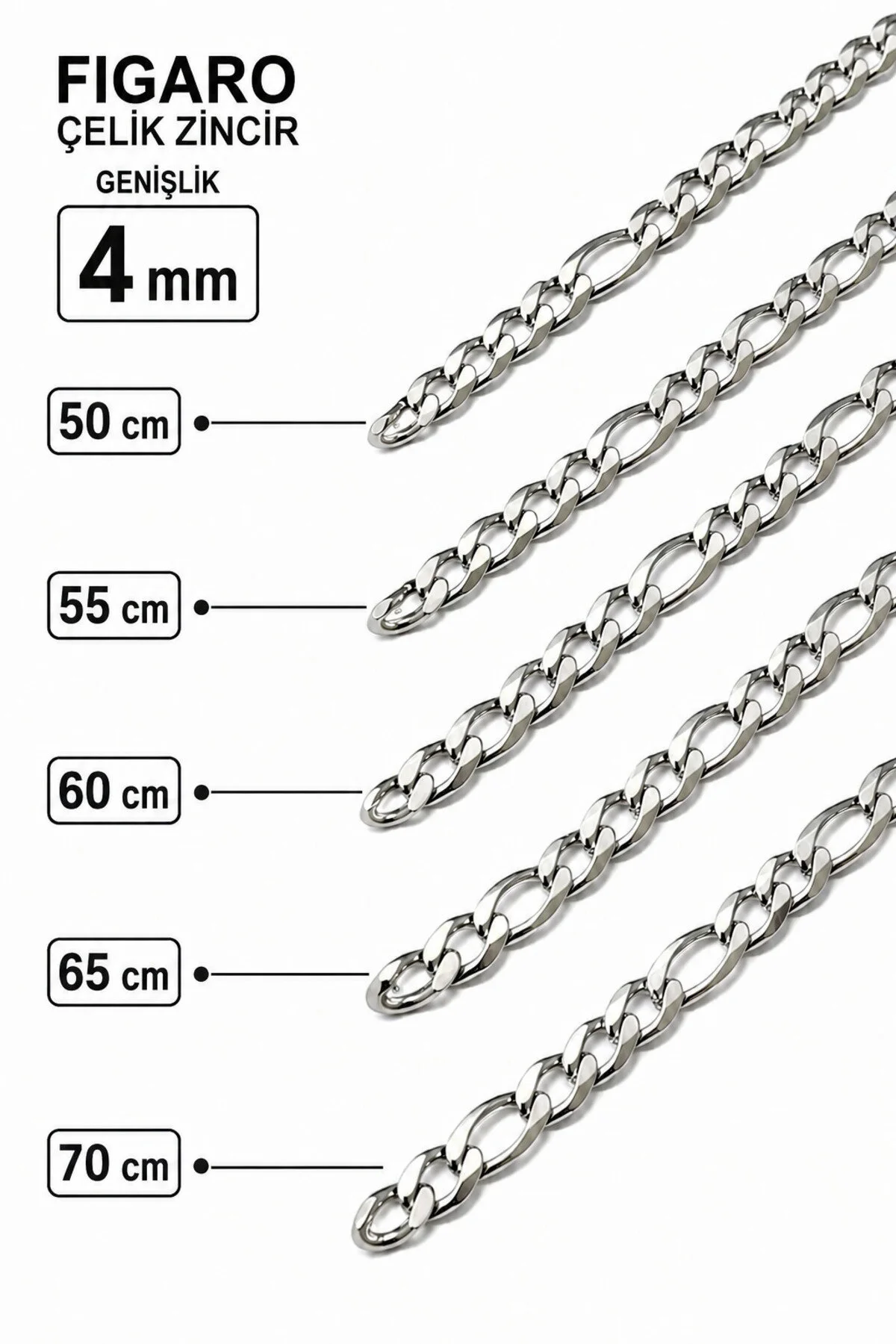Gümüş Kaplama 316 L Paslanmaz Çelik KZ-105 Figaro 3+1 Zincir Kolye 4 mm.