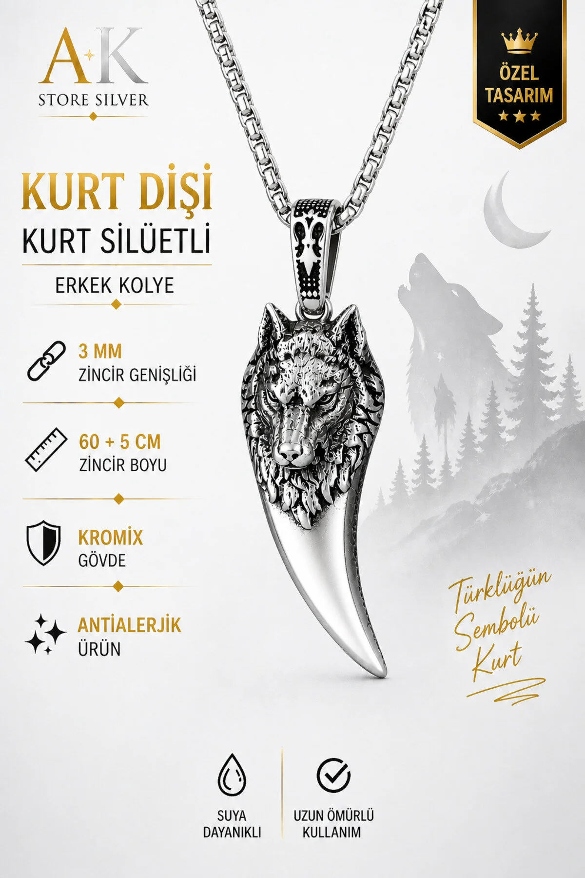 Gümüş Kaplama K-102 Paslanmaz Kromix Erkek Kolye Madalyon Kurt Dişi Üzerine Bozkurt İşleme