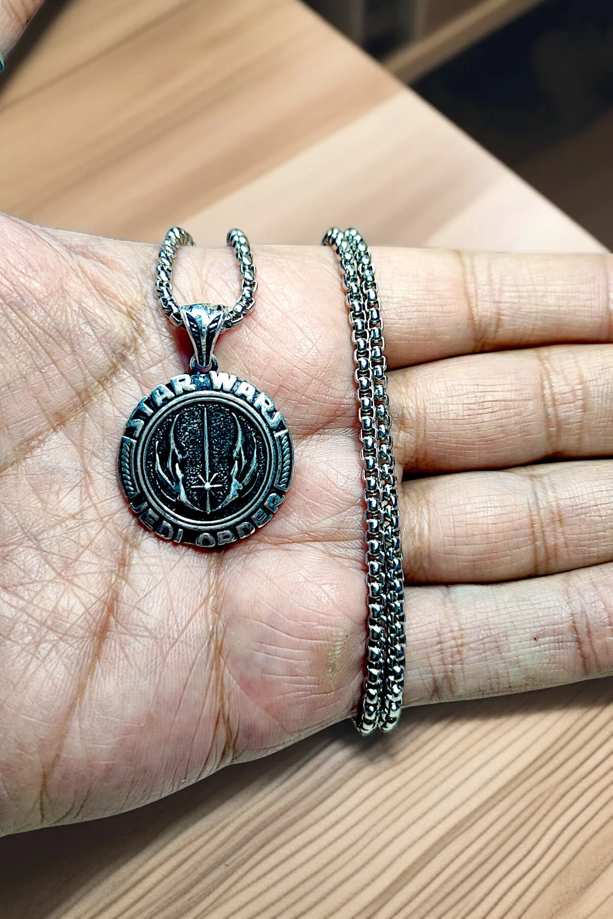 Gümüş Kaplama K-168 Krom Bronz - Çelik Erkek Kolye Madalyon Star Wars Jedi Order