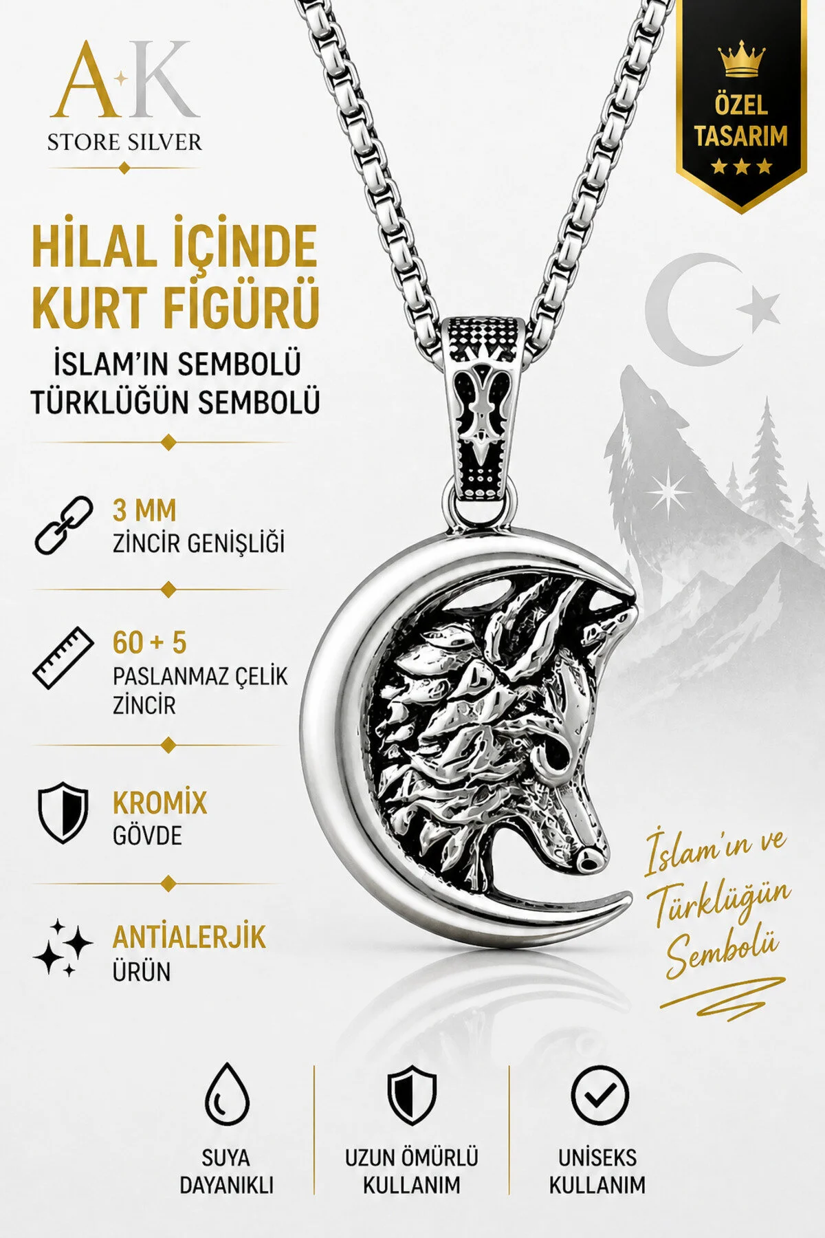 Erkek, Türklüğün Sembolü Hilal İçi Bozkurt Figürlü K-103 Paslanmaz Kromix Çelik Gümüş Kaplama Kolye