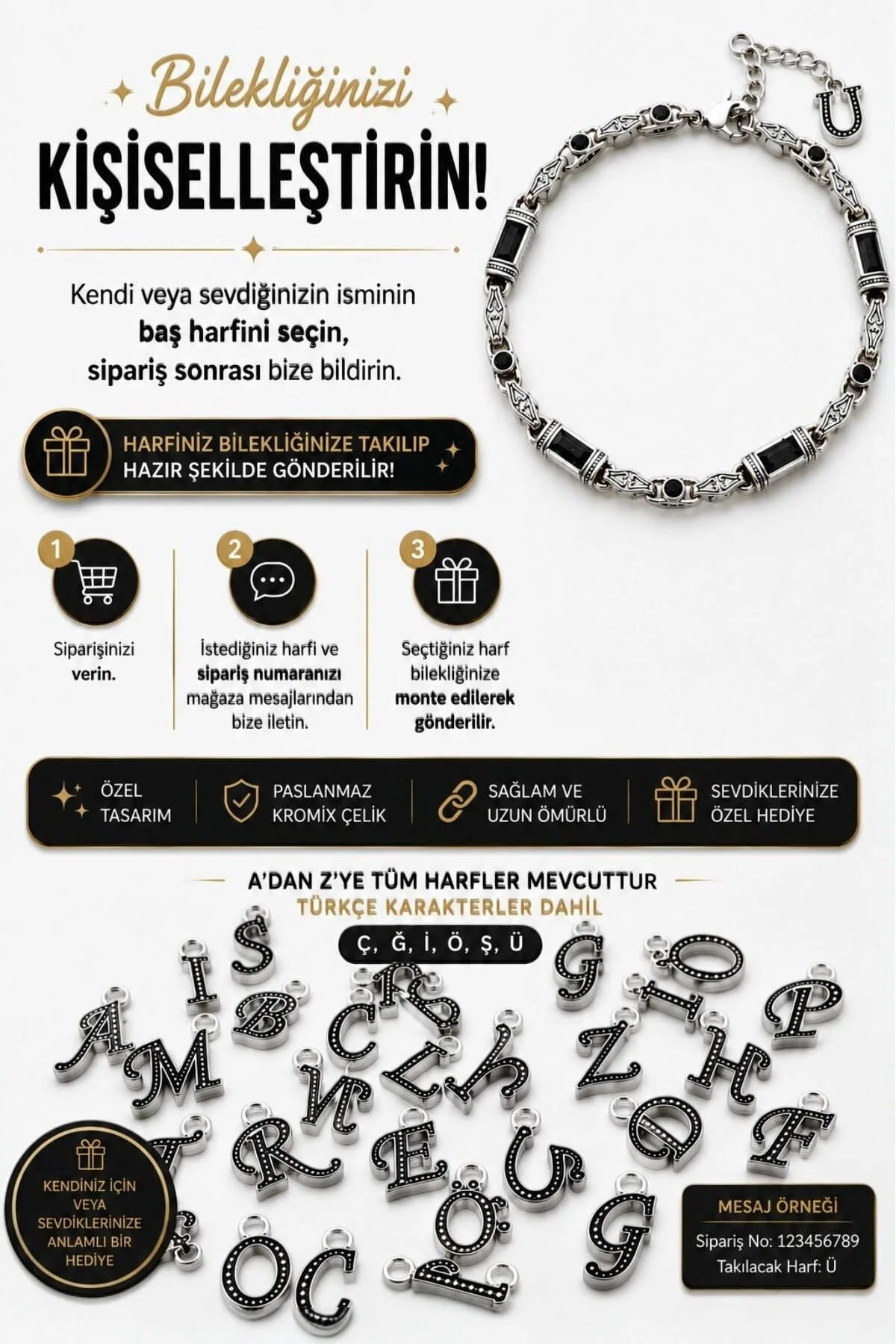 Rodyum Gümüş Kaplama B-102 Kromix Çelik Erkek Bilelik 3+1 Gravürlü Otantik Siyah Zirkon Taşlı Harfli 5 mm Kalınlık