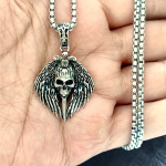 Erkek Kanatlı Kafatası Biker & Rock Tarz K-187 Gümüş Kaplama Paslanmaz Kromix Çelik Erkek Kolye