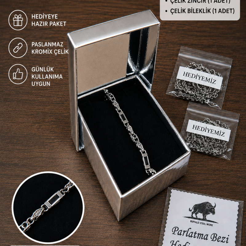 Rodyum Gümüş Kaplama Kromix Çelik Erkek Bilelik Gravürlü Otantik Safir Rengi Zirkon Taşlı 5 mm Kalınlık