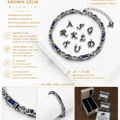 Rodyum Gümüş Kaplama Kromix Çelik Erkek Bilelik Gravürlü Otantik Safir Rengi Zirkon Taşlı 5 mm Kalınlık