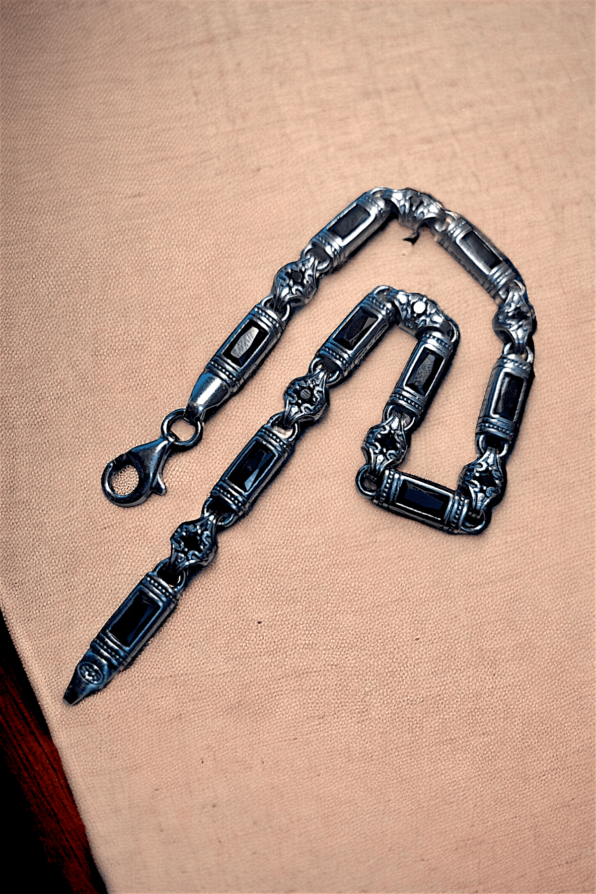 Gümüş Erkek Bileklik Siyah Rodyum Kaplama Baget Siyah Taşlı Otantik