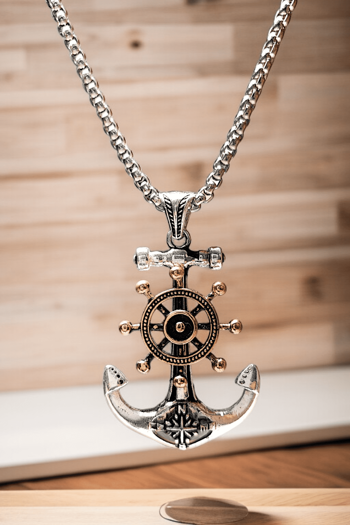 Gümüş Kaplama Krom-Çelik Erkek Kolye Madalyon Düme Çıpa Denizci