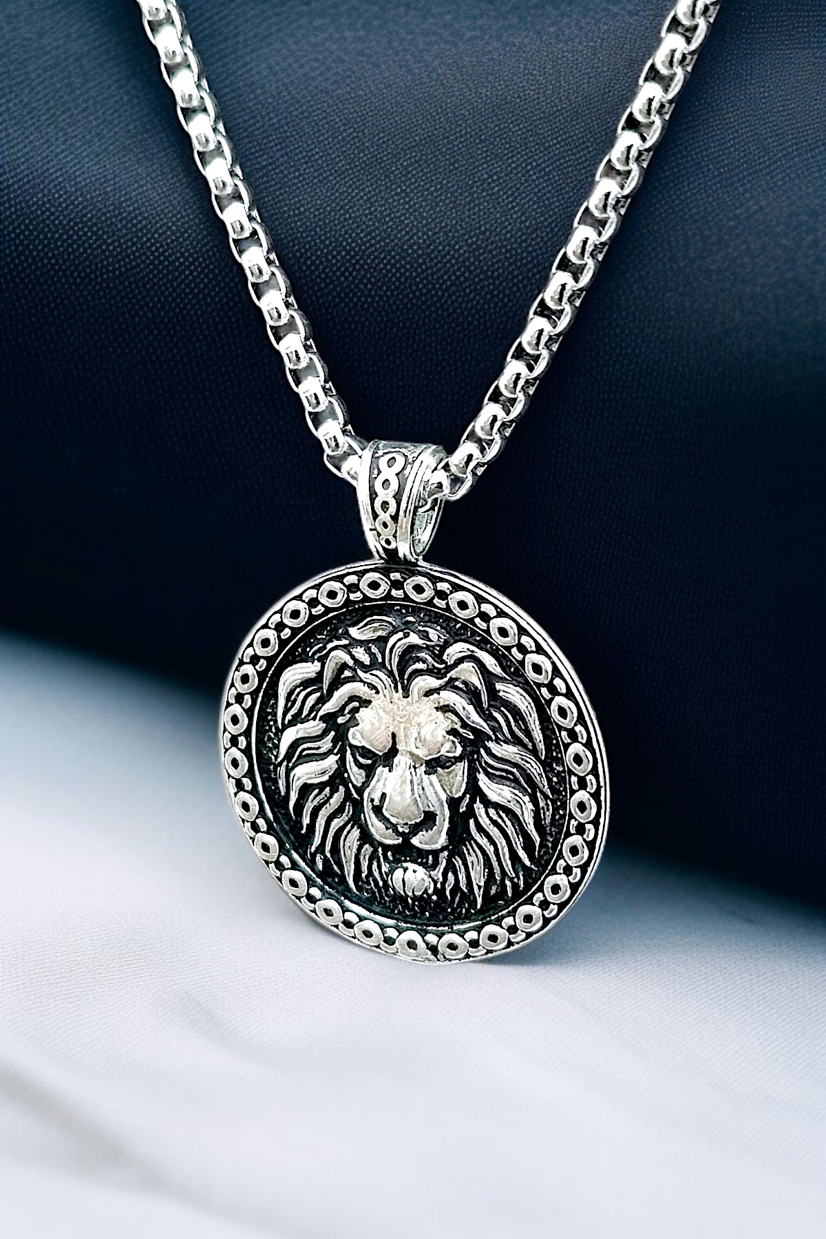 Gümüş Kaplama K-125 Krom-Çelik Erkek Kolyesi Yuvarlak Çerçeve İçinde Aslan Kral Madalyon